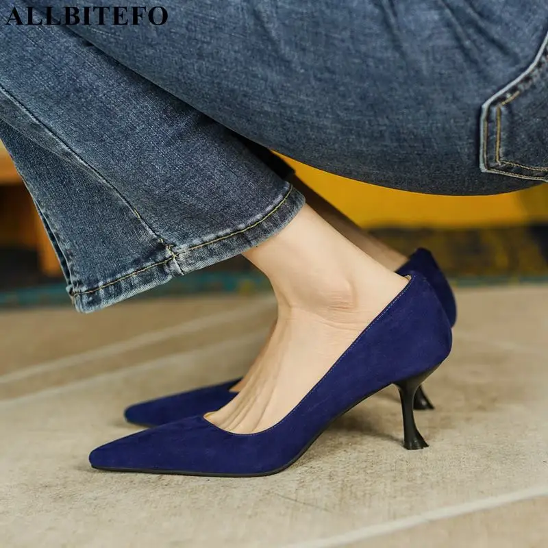 

ALLBITEFO Size 33-40 Pointed Toe Fashion Sexy Blue Sheepskin Genuine Leather Party Shoes High Heel Shoes Girls Women Heels Shoes