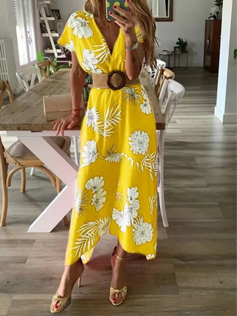 Ladies Printed Short-Sleeved Dress Ankle Mid-Waist V-Neck Long Vestido Street Style Summer Big Swing Women's Robes 2021 New
Ladies Printed Short-Sleeved Dress Ankle Mid-Waist V-Neck Long Vestido Street Style Summer Big Swing Women's Robes 2021 New