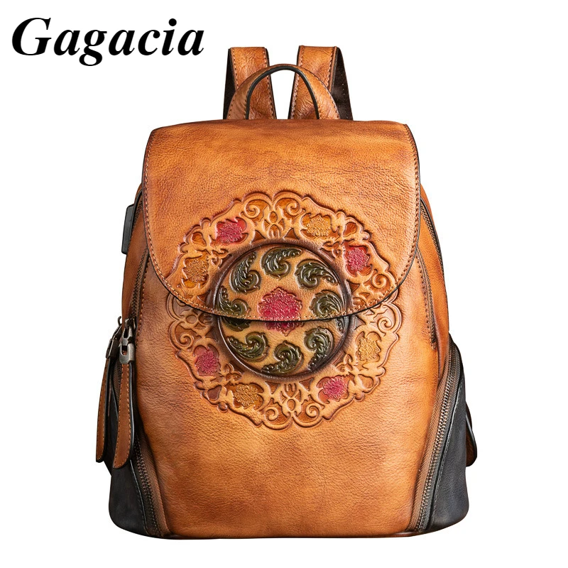 

GAGACIA Vintage Genuine Leather Backpacks 2023 New Handmade Embossed Bags For Women China Style Personality Backpack Ladies Bag