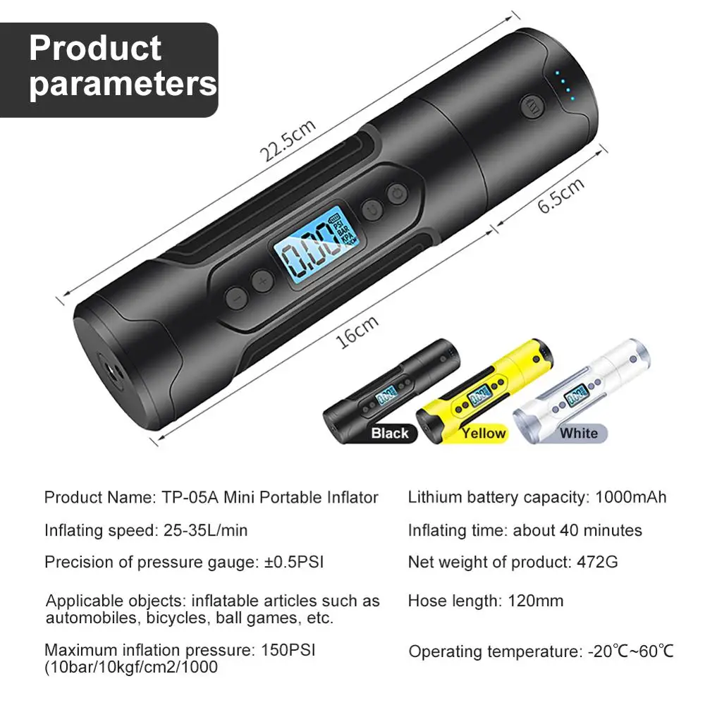 3000mAh 35L / Min Portable Air Compressor 12V 150 PSI Tire Inflator For Car Motor Bicycle Tire Pump With Digital Gauge LED Light
3000mAh 35L / Min Portable Air Compressor 12V 150 PSI Tire Inflator For Car Motor Bicycle Tire Pump With Digital Gauge LED Light