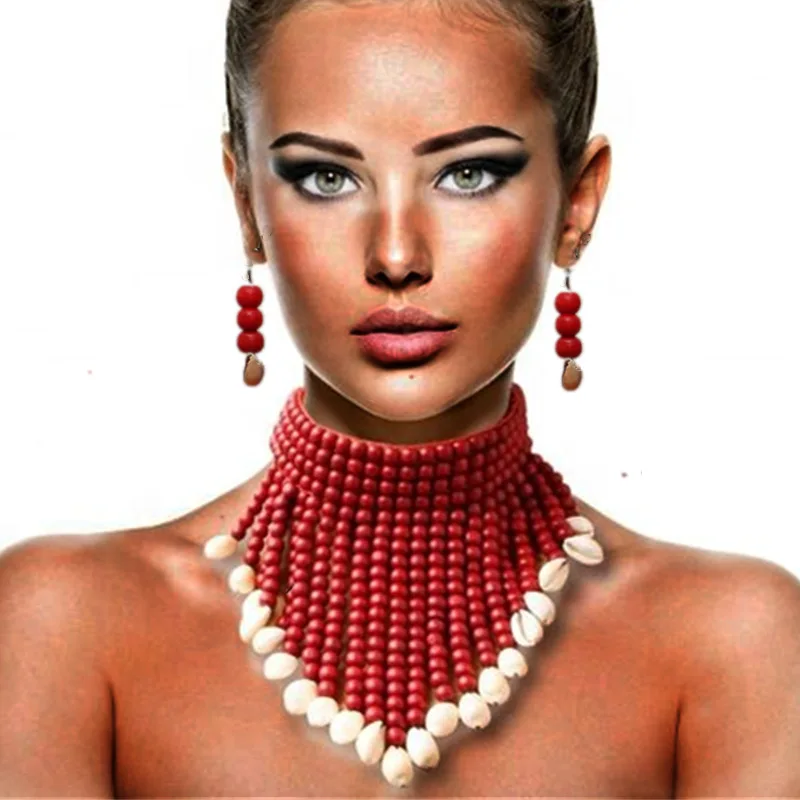 

African Statement Chunky Necklaces For Women Multi Strand Colorful Bead Layered Necklace Fashion Jewelry Costume Earrings Set