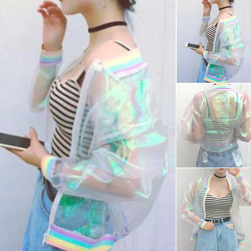 Female Iridescent Transparent Jacket Holographic Coat Laser-Rainbow Bomber Fashion Cool Clothes Ladies Coat Tops Summer Travel
Female Iridescent Transparent Jacket Holographic Coat Laser-Rainbow Bomber Fashion Cool Clothes Ladies Coat Tops Summer Travel