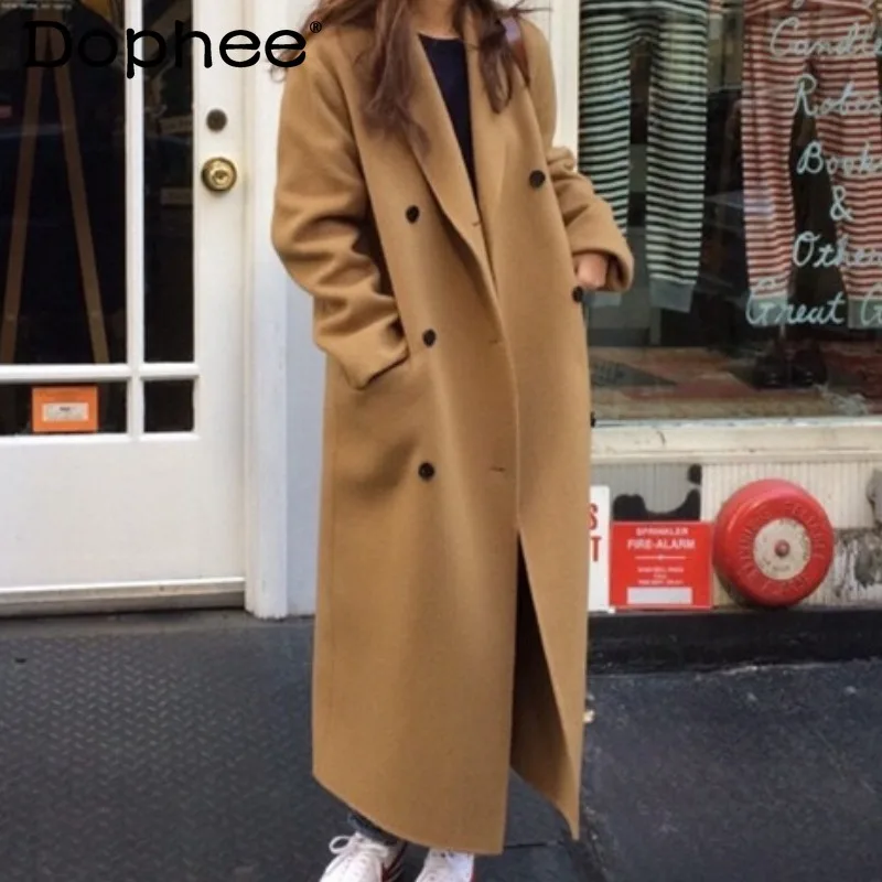 

Женское двубортное кашемировое пальто, повседневное утепленное длинное шерстяное пальто цвета хаки в корейском ретро-стиле с воротником-к...