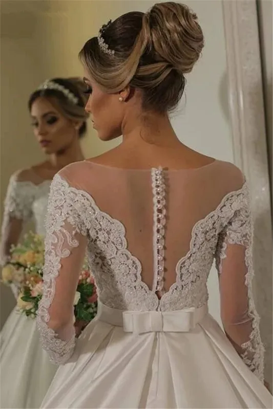 Long Sleeves Wedding Dresses Lace Appliques Beaded A-line Satin Sheer O-Neck Bridal Gowns Bride Dress Vestido De Noiva 2020
Long Sleeves Wedding Dresses Lace Appliques Beaded A-line Satin Sheer O-Neck Bridal Gowns Bride Dress Vestido De Noiva 2020