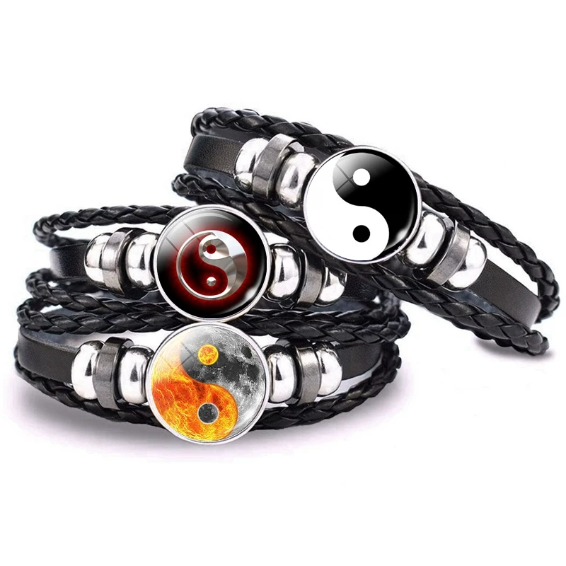 Кожаный браслет со стеклянным кабошоном Yin Yang Tai Chi украшения многослойный