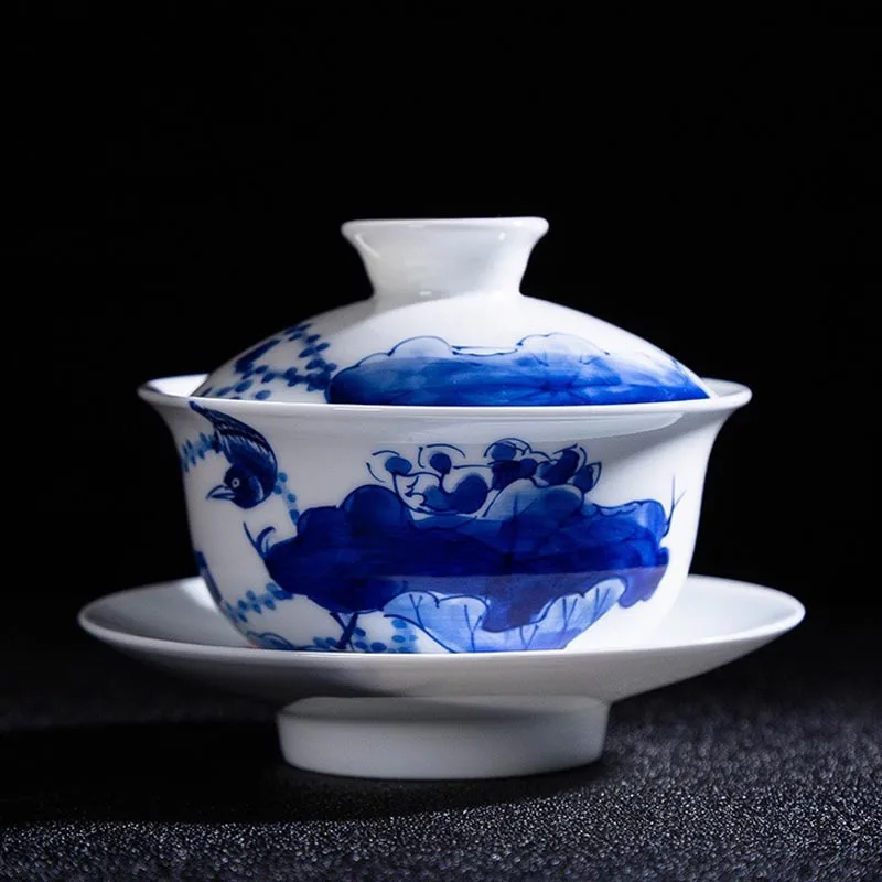 

Керамическая чайная посуда Цзиндэчжэнь кунг-фу ручная роспись сине-белая фарфоровая чайная чаша мастер чашка китайский чай Gaiwan посуда для ...