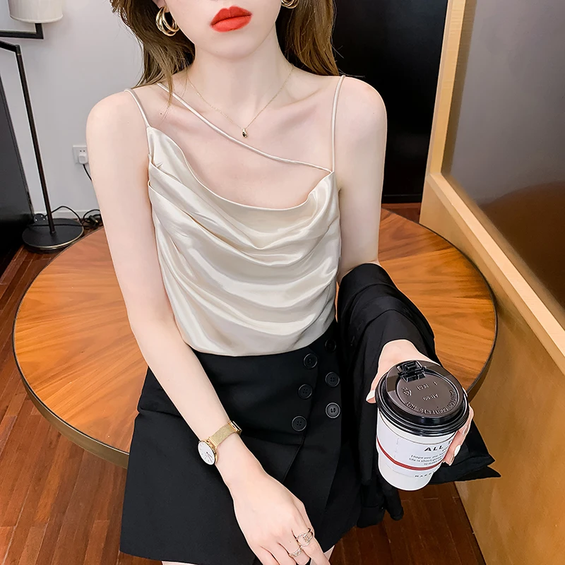 Women Tank Tops Sexy Crop Vest Solid Asymmetric Satin Camisole Female Off Shoulder Folds Apricot Sleeveless Summer Women Tops OL
Women Tank Tops Sexy Crop Vest Solid Asymmetric Satin Camisole Female Off Shoulder Folds Apricot Sleeveless Summer Women Tops OL