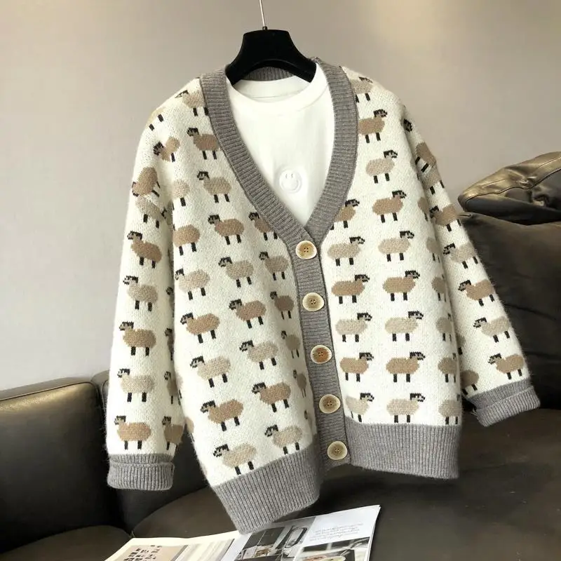 2022 temperament new cartoon sheep long-sleeved V-neck sweater cardigan women's autumn and winter loose wild knitted jacket
2022 temperament new cartoon sheep long-sleeved V-neck sweater cardigan women's autumn and winter loose wild knitted jacket