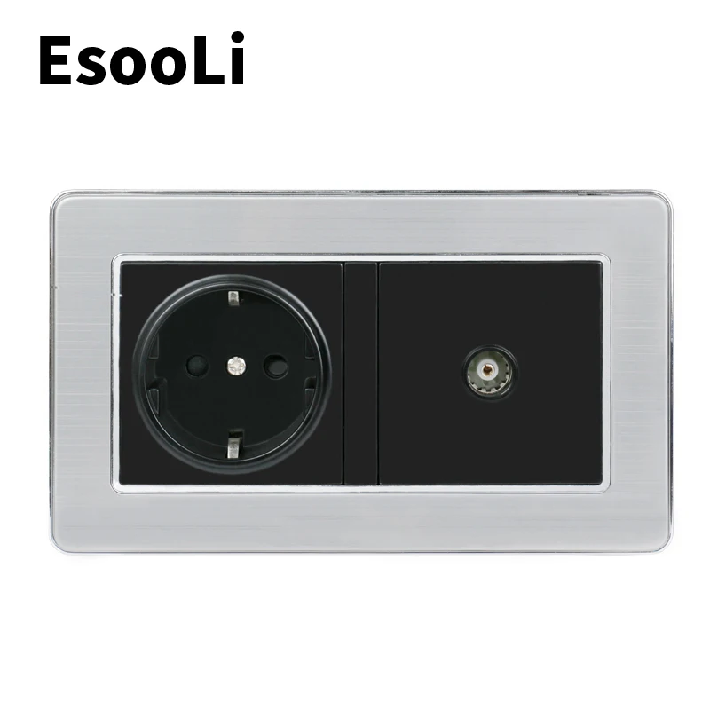 

EsooLi Black 16A Russia Spain EU Standard Power Socket Grounded With Female TV Jack Stainless Steel Brushed Panel Wall Outlet