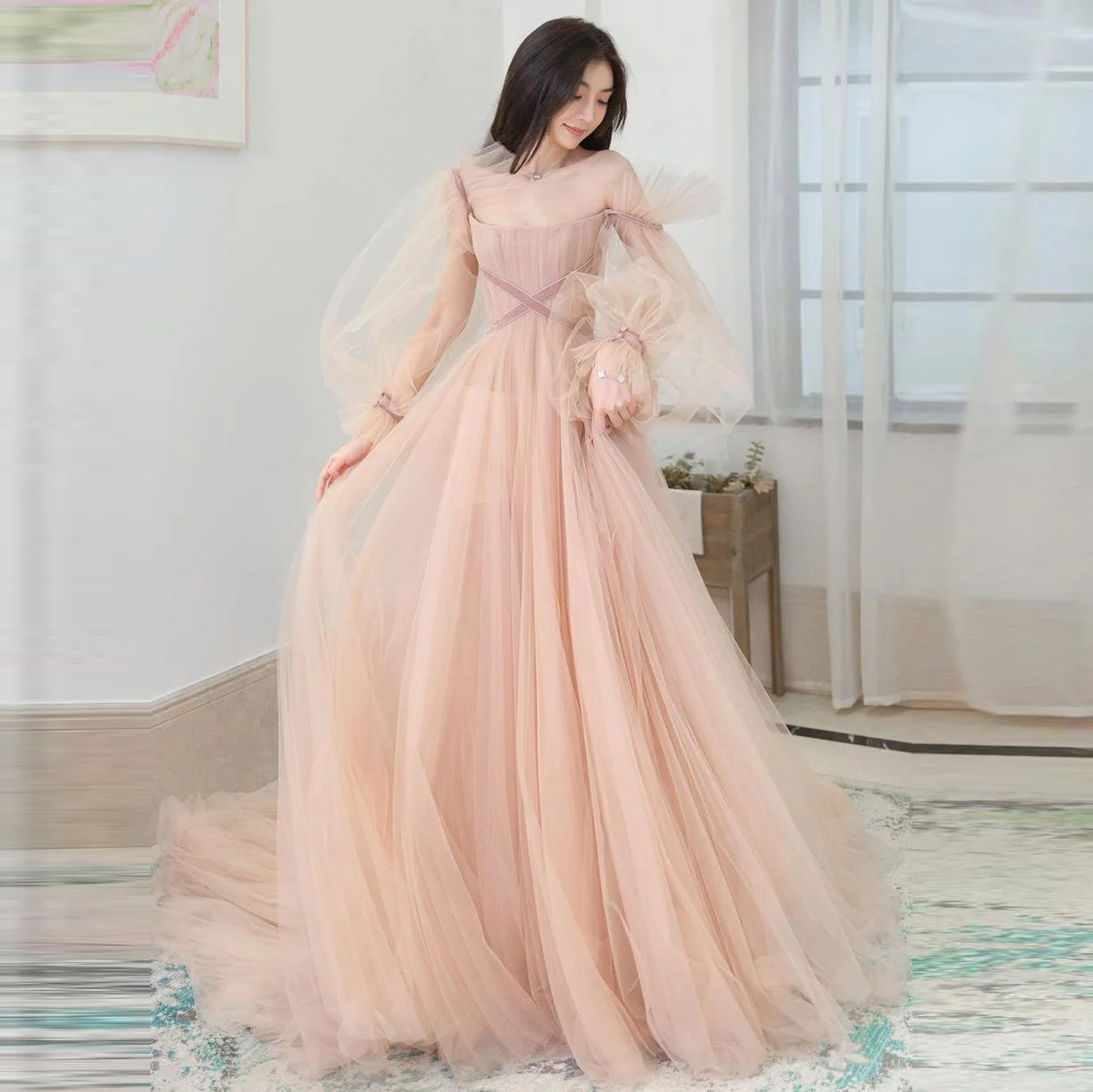 Exquisite Prom Dresses Off-The-Shoulder See-Thought Bubble Sleeve Lace Up A-Line Long Evening Dress With Long Train Custom Made
Exquisite Prom Dresses Off-The-Shoulder See-Thought Bubble Sleeve Lace Up A-Line Long Evening Dress With Long Train Custom Made