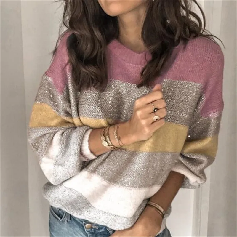 2020 Fall O Neck Patchwork Sweater Women Casual Long Sleeve Knitted Sweater Top Winter Striped Elegant Pullover Jumpers Knitwear
2020 Fall O Neck Patchwork Sweater Women Casual Long Sleeve Knitted Sweater Top Winter Striped Elegant Pullover Jumpers Knitwear