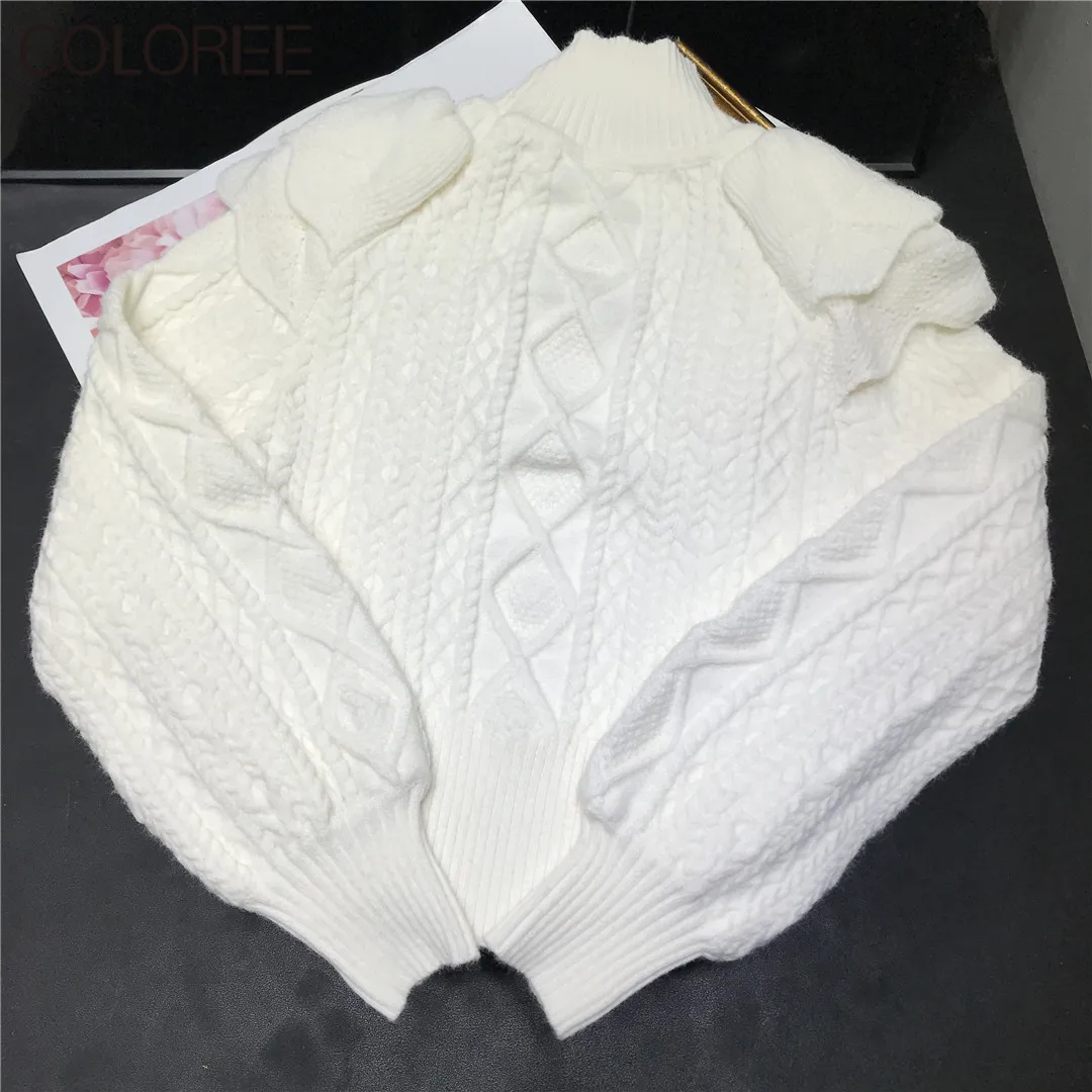 White Turtleneck Women 2021 Autumn Winter Elegant Ruffles Knitted Sweater Women Pull Femme