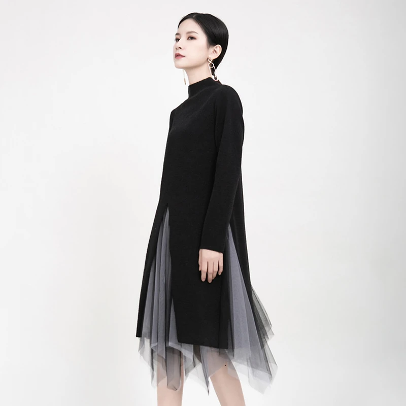 CHICEVER Irregular Patchwork Two Piece Set Women Turtleneck Knitted Split Sweater Mesh Asymmetrical Skirt Female Suits 2020 New | Женская
