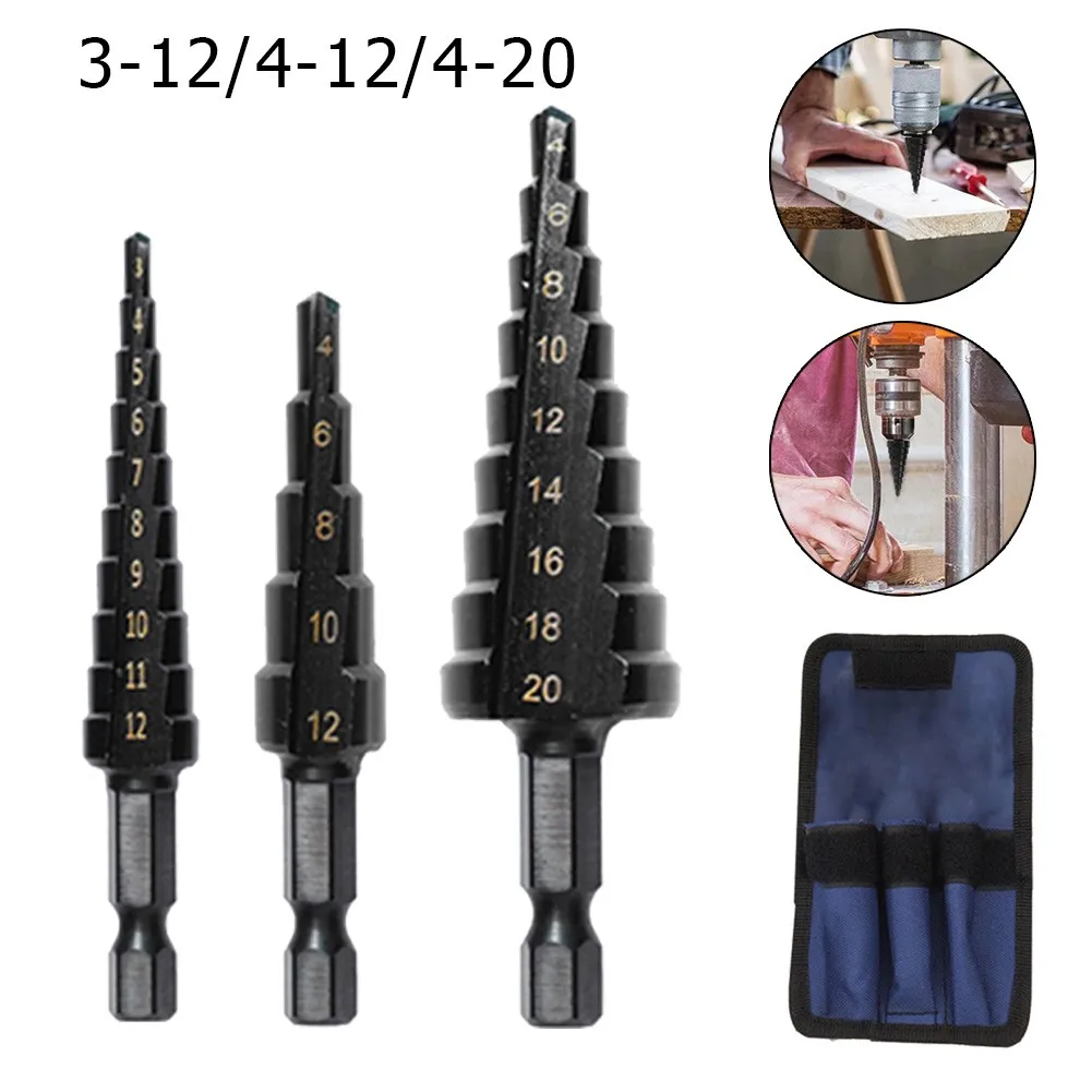 3pcs/Set Titanium Step Cone Drill Hole Cutter Bit HSS 3-12 4-12 4-20 Straight Groove Step Drill Metal Wood Drilling With Pouch
3pcs/Set Titanium Step Cone Drill Hole Cutter Bit HSS 3-12 4-12 4-20 Straight Groove Step Drill Metal Wood Drilling With Pouch