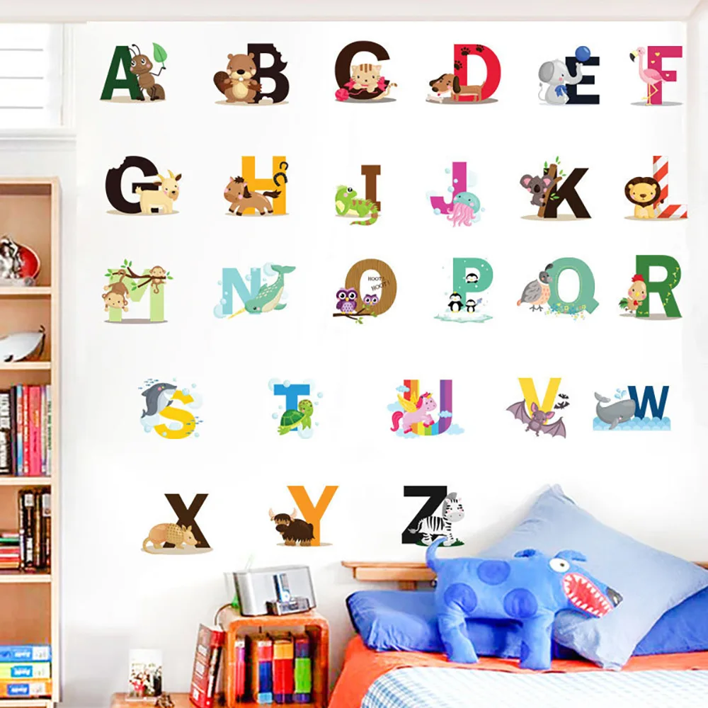 Мультяшные дикие джунгли 26 букв алфавита Животные наклейки на стену для детской