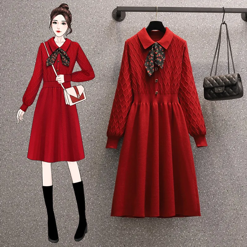 JSXDHK Fashion Autumn Winter Sweater Dress Large Size Women Printed Bow Turn Down Collar Knitted Red High Waist Dress Vestidos
JSXDHK Fashion Autumn Winter Sweater Dress Large Size Women Printed Bow Turn Down Collar Knitted Red High Waist Dress Vestidos