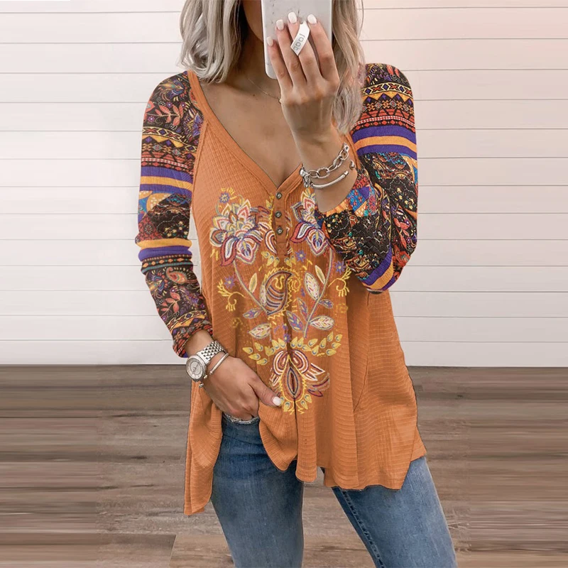 Women Casual Loose Long Sleeve Tops 2021 New Autumn Spring Harajuku Street Retro Print Blouse Elegant V-Neck Button Shirts Blusa
Women Casual Loose Long Sleeve Tops 2021 New Autumn Spring Harajuku Street Retro Print Blouse Elegant V-Neck Button Shirts Blusa
