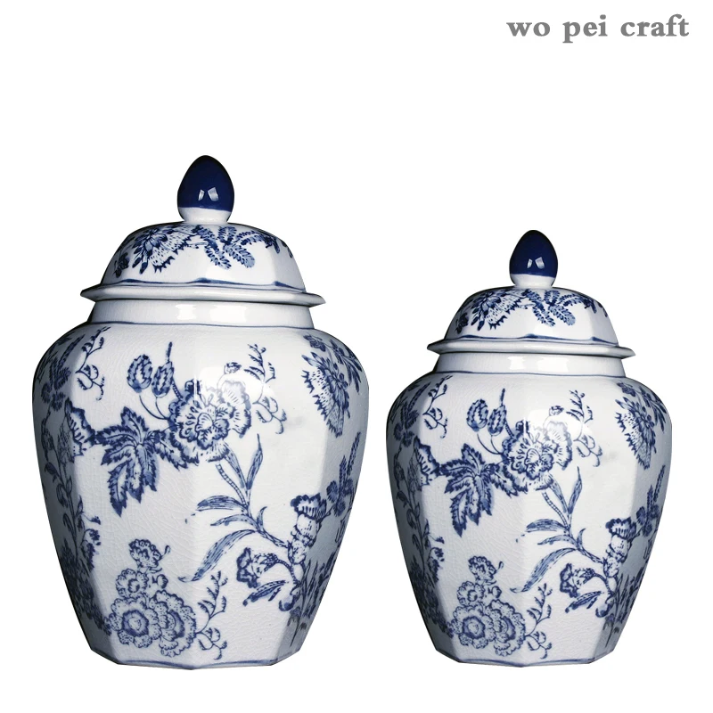 Handicraft Ceramic Vase Storage Jar Classical Painted Floral Blue and White Porcelain Vintage Home Decor Octagonal Storage Tank
Handicraft Ceramic Vase Storage Jar Classical Painted Floral Blue and White Porcelain Vintage Home Decor Octagonal Storage Tank