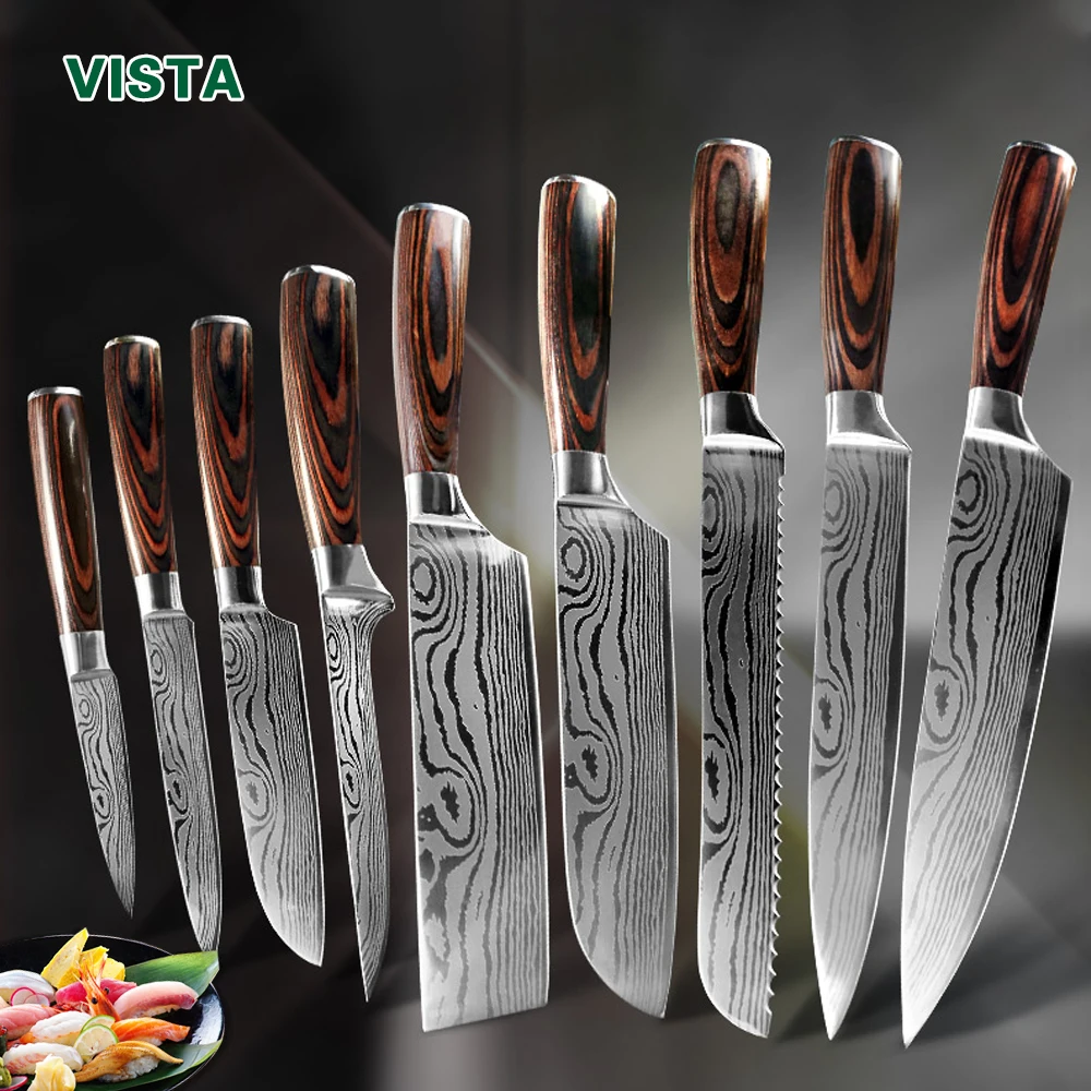 

Kitchen Knife 1-9pcs Chef Knives 7CR17 440C High Carbon Stainless Steel Damascus Drawing Gyuto Cleaver Set Slicer Santoku Knife