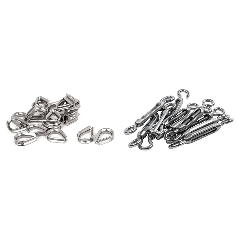 20 Pcs Stainless Steel 2mm Wire Rope Cable Thimbles Silver Tone & 10 Pcs M4 4mm Thread Adjustable Eye Hook Turnbuckle
20 Pcs Stainless Steel 2mm Wire Rope Cable Thimbles Silver Tone & 10 Pcs M4 4mm Thread Adjustable Eye Hook Turnbuckle