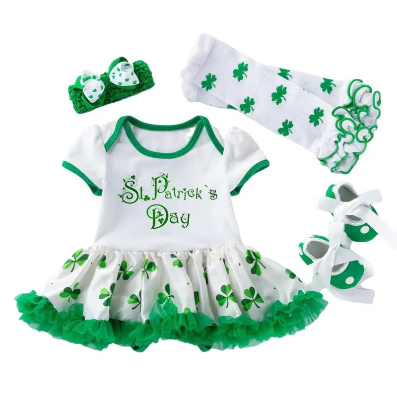 

1st St. Patrick's Day Dress Outfits Infant Girl Tutu Skirt Leg Warmers with Headband Shoes Clothes Set