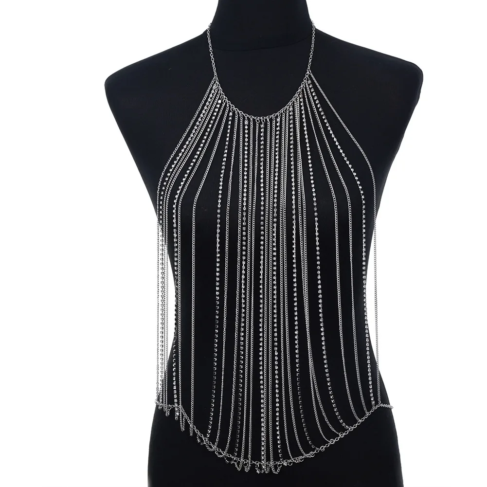 Rhinestone tassel body chain European and American hollow out Necklace metal hanging neck long necklace geometric chest chain
Rhinestone tassel body chain European and American hollow out Necklace metal hanging neck long necklace geometric chest chain