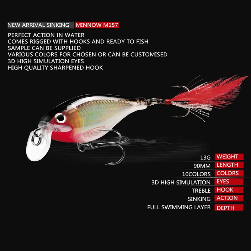 90mm/13g Minnow Sinking Fishing Lure 3D Eyes Crankbait Wobblers Aritificial fishing Wobblers Bait Bass Pike Carp Fishing Pesca
90mm/13g Minnow Sinking Fishing Lure 3D Eyes Crankbait Wobblers Aritificial fishing Wobblers Bait Bass Pike Carp Fishing Pesca