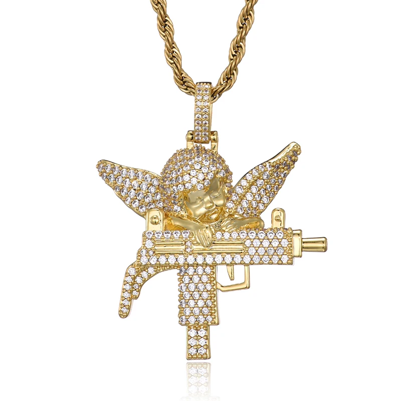 US7 Micro Paved Ice Out Angel With Gun Pendants Necklace for Men Women Gold Silver Color Bling Hip Hop Rapper Jewelry
US7 Micro Paved Ice Out Angel With Gun Pendants Necklace for Men Women Gold Silver Color Bling Hip Hop Rapper Jewelry