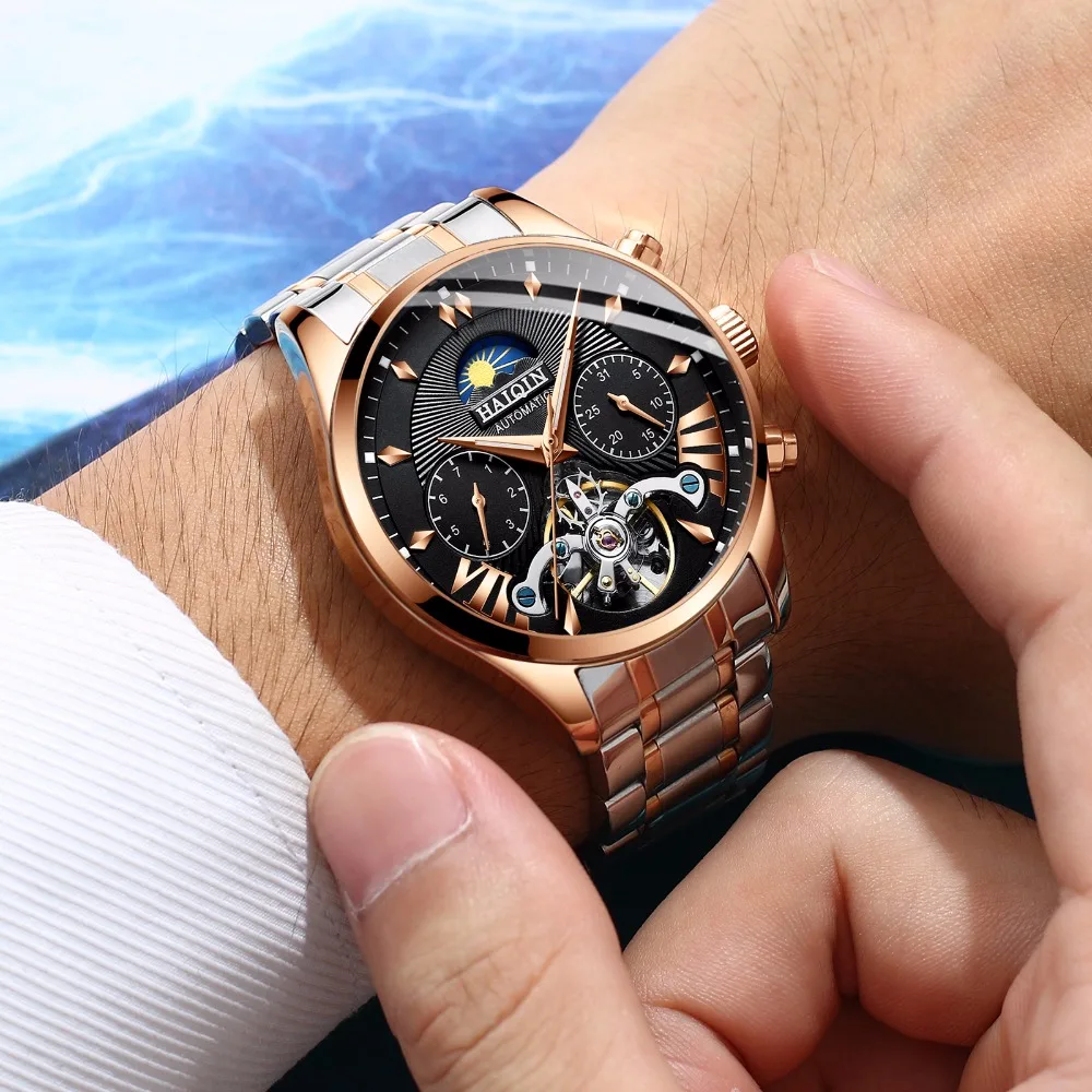 2019 HAIQIN Роскошные Мужские автоматические механические часы деловые Турбийон