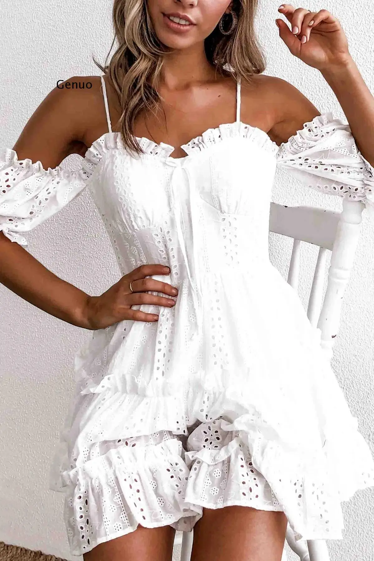 White Hollow Out Mini Dress Women Spaghetti Strap Sexy Backless Ruffle Hem Summer Dress Club Party
White Hollow Out Mini Dress Women Spaghetti Strap Sexy Backless Ruffle Hem Summer Dress Club Party