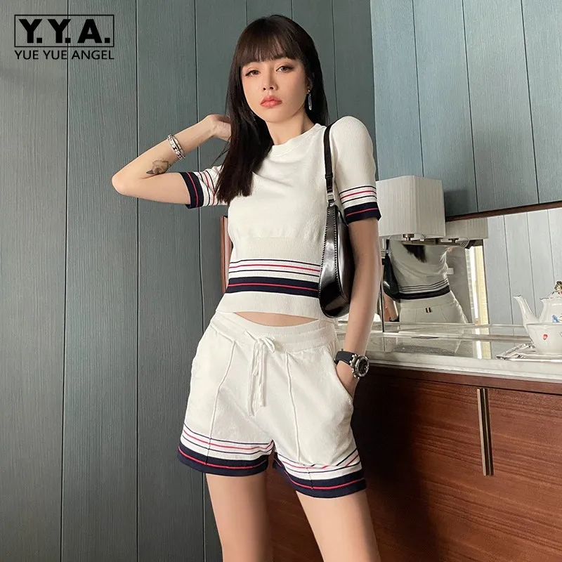 Summer Women Slim High Waist Shorts Set Fashion Knitting Striped O-Neck Short Sleeve Tops Elastic Waist Shorts 2 Piece Set
Summer Women Slim High Waist Shorts Set Fashion Knitting Striped O-Neck Short Sleeve Tops Elastic Waist Shorts 2 Piece Set