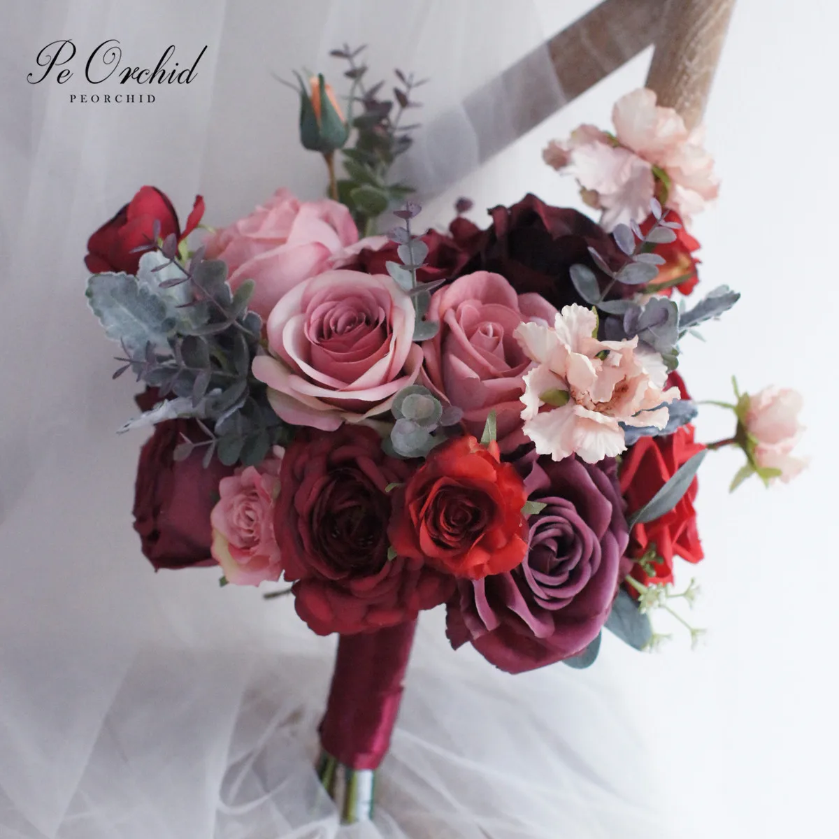 

PEORCHID Dusty Pink&Red Bridal Bouquet De Fleur Artificielle Roses Flowers Fall Winter Wedding Collection Brides Hand Bouquet