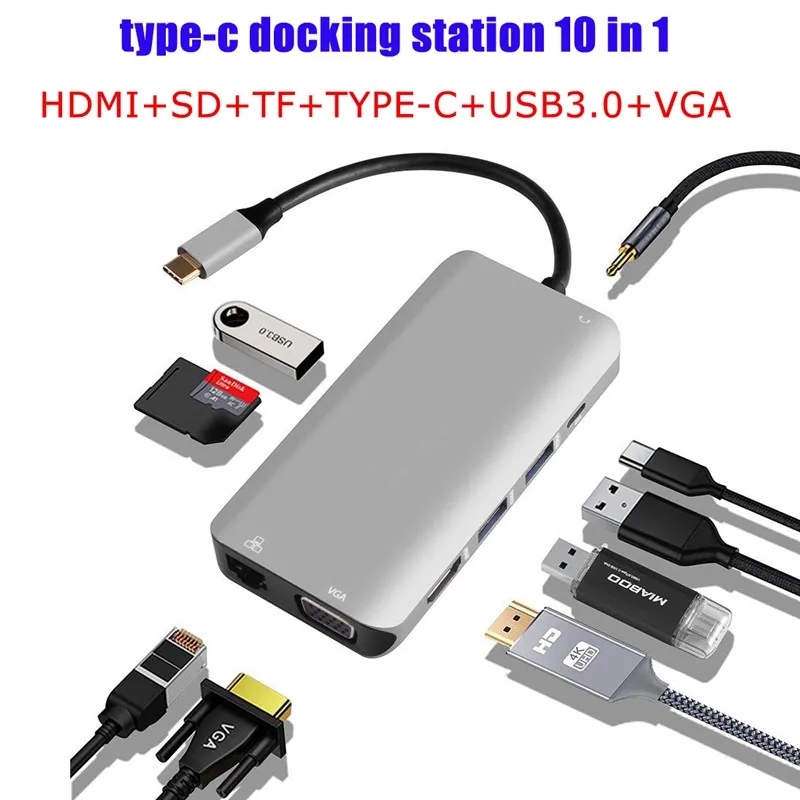 USB HUB Docking Station Type C Adapter USB 3.0 4K HDMI VGA RJ45 10 in 1 Converter for Macbook Pro Thunderbolt 3
USB HUB Docking Station Type C Adapter USB 3.0 4K HDMI VGA RJ45 10 in 1 Converter for Macbook Pro Thunderbolt 3