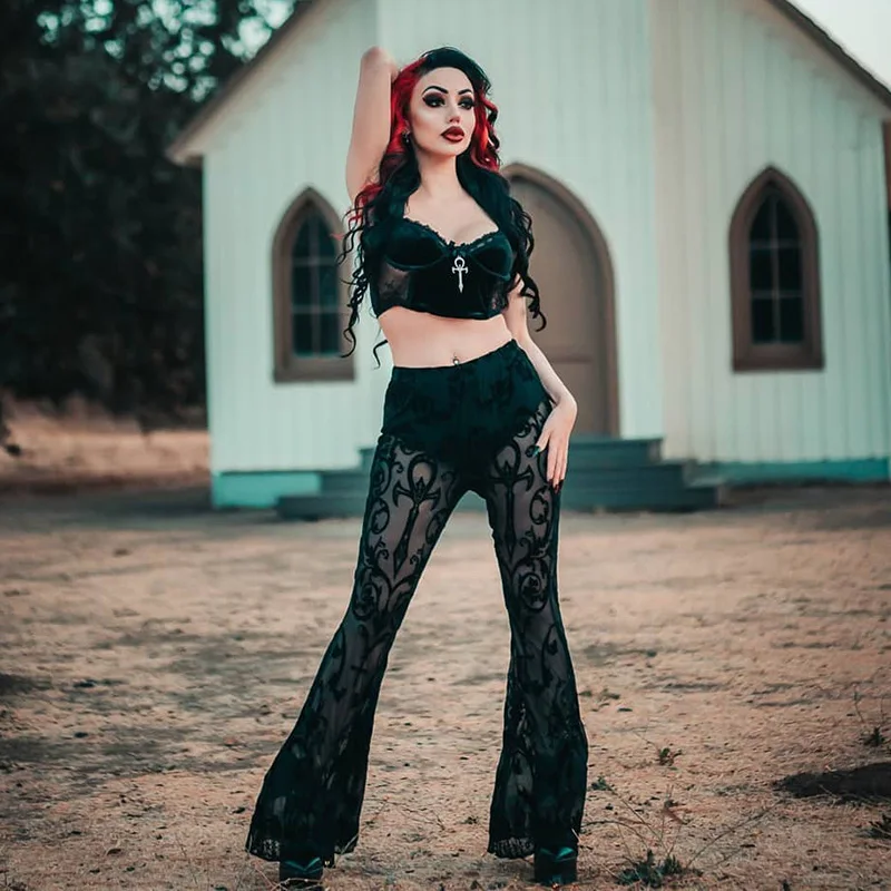 Gothic Bohemian Style Summer Leisure Holiday Sexy See-through Flared Women's Pants Fashion High Waist Woman Alternative Clothes
Gothic Bohemian Style Summer Leisure Holiday Sexy See-through Flared Women's Pants Fashion High Waist Woman Alternative Clothes