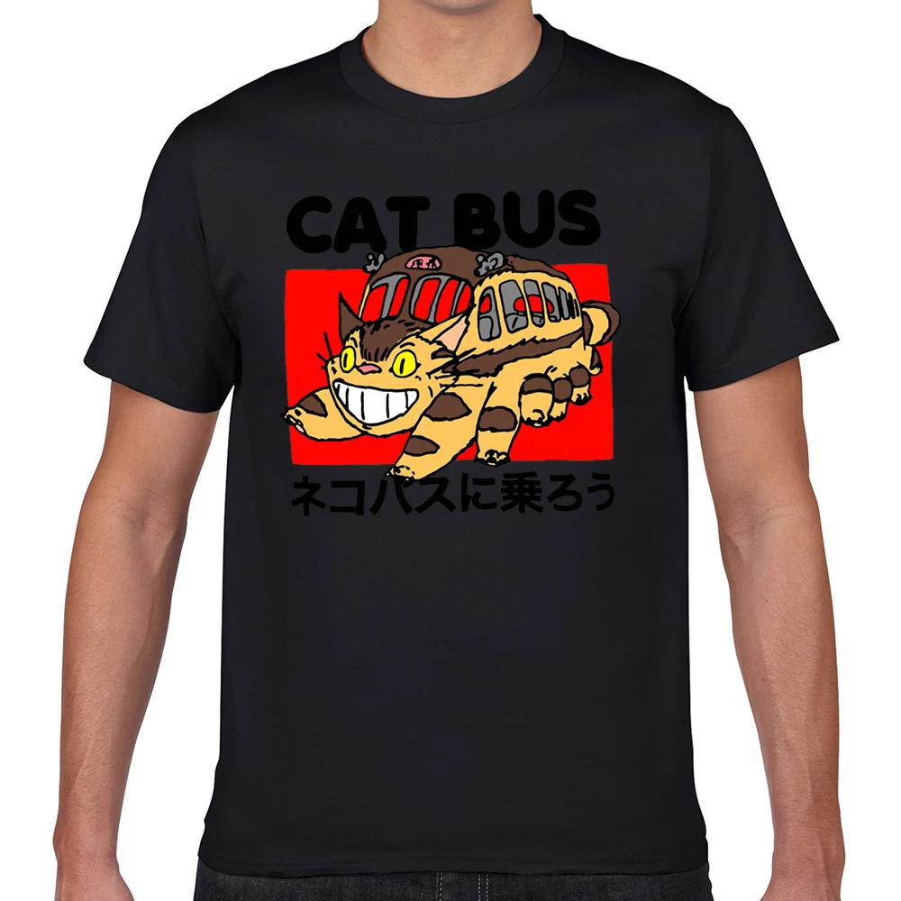 Мужская черная футболка с принтом кота и автобуса, fa002 
Мужская черная футболка с принтом кота и автобуса, fa002