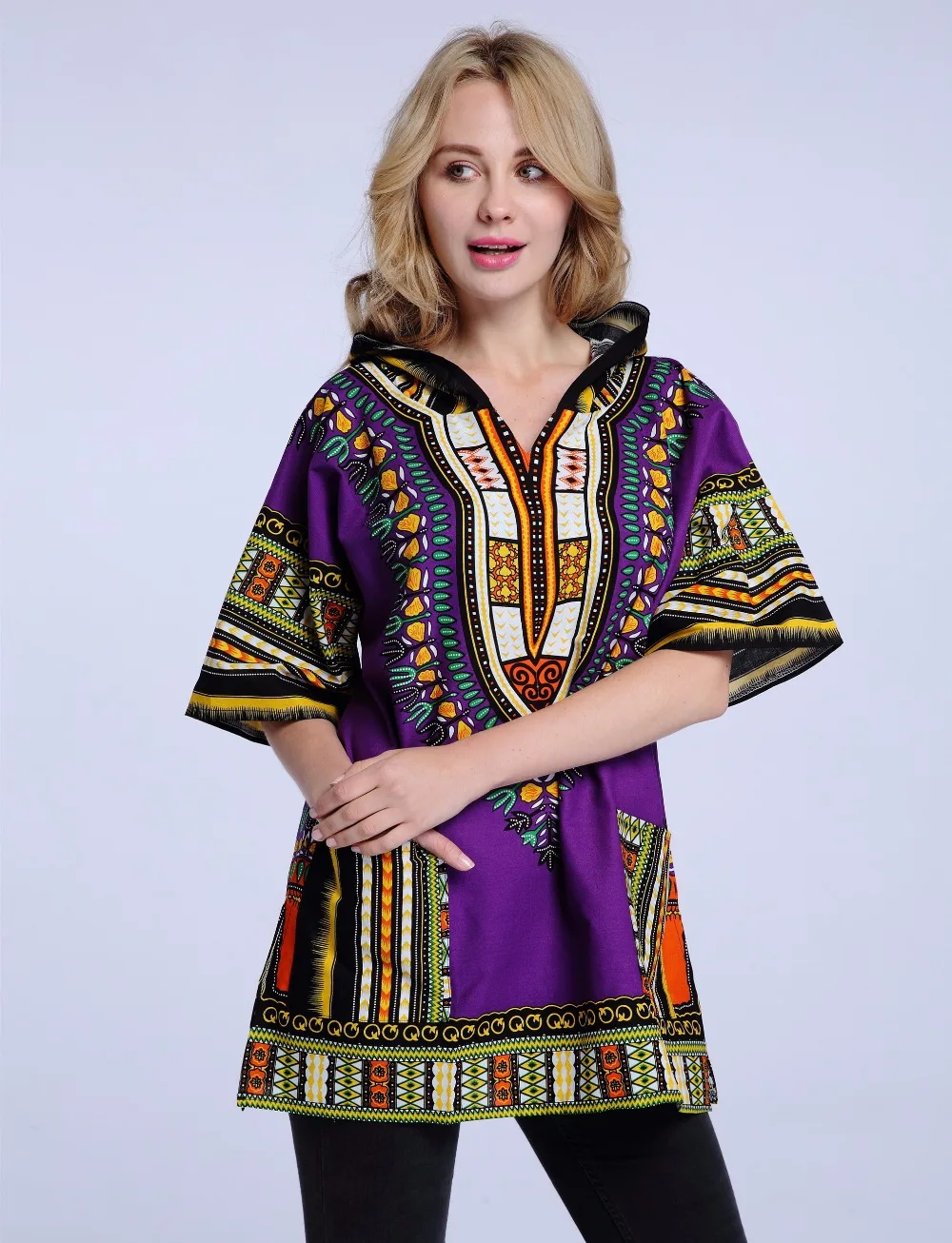 

2019 Fashion Hoodies Purple 100% Cotton Dashiki with Hood Unisex African Dashiki Shirts Boho Hippie Kaftan Festive Clothing