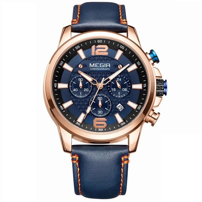 

Top Band MEGIR 2020 New Men Military Sport Chronograph Quartz WrisrWatches Blue Leather Band Luminous Calendar Male Gift Clock