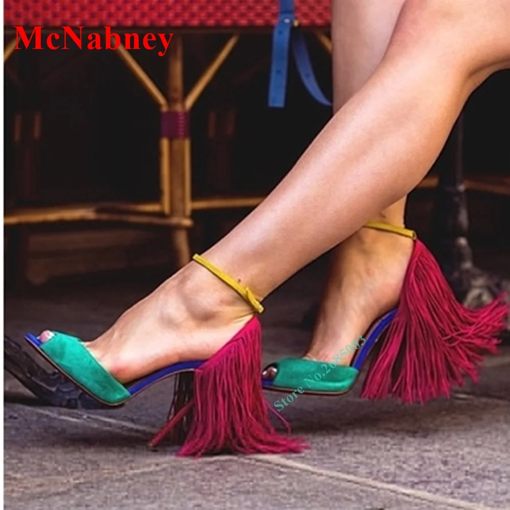 Suede Mixed Colors Peep Toe Sandals Women Party Shoe Fringe Ankle Buckles Shallow Sexy Sandals Summer Prom Hollow Designer Shoes
Suede Mixed Colors Peep Toe Sandals Women Party Shoe Fringe Ankle Buckles Shallow Sexy Sandals Summer Prom Hollow Designer Shoes