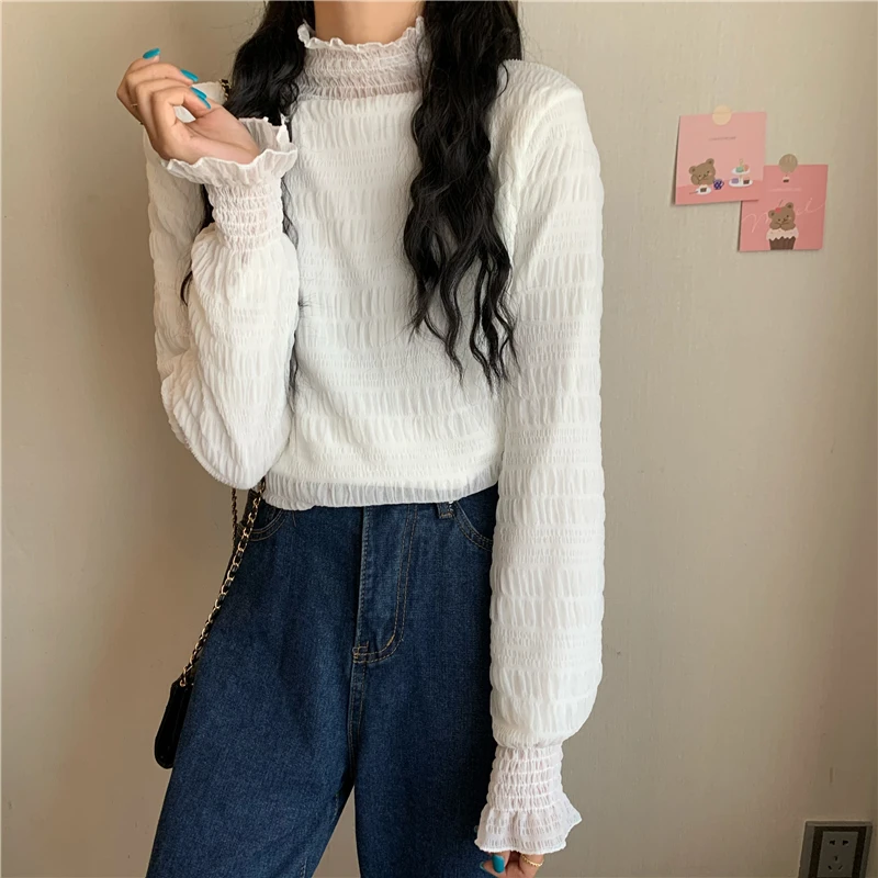 Lucyever All Match Patchwork Lace Shirts Women Fashion Flare Sleeve Pleated Blouses Woman Slim Thick Warm Bottom Blouses Female 
Lucyever All Match Patchwork Lace Shirts Women Fashion Flare Sleeve Pleated Blouses Woman Slim Thick Warm Bottom Blouses Female