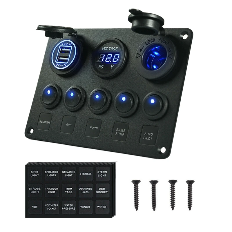 

5 Gang Rocker Switch Panel 12-24V RV Car Truck Boat Vehicles ON-Off Ignition Toggle with Voltmeter Dual USB Charger Blue