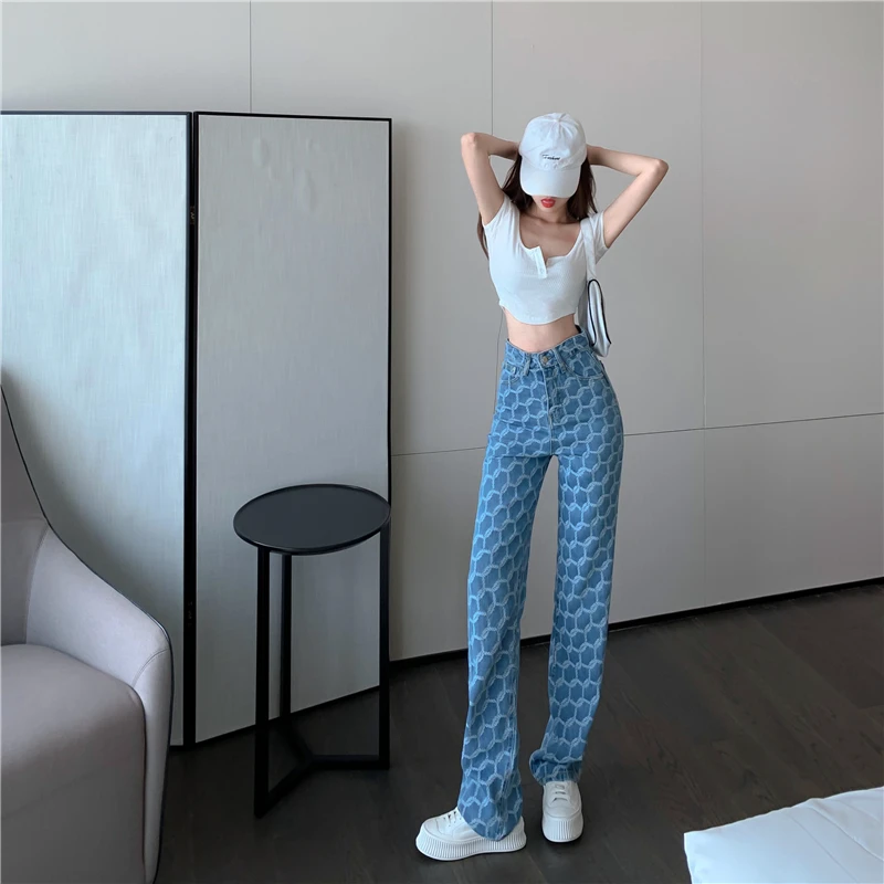 2021 Spring New Jeans Women's Grid Jacquard Straight-Leg Pants High Waist Pants Loose Draggle-Tail Trousers 
2021 Spring New Jeans Women's Grid Jacquard Straight-Leg Pants High Waist Pants Loose Draggle-Tail Trousers