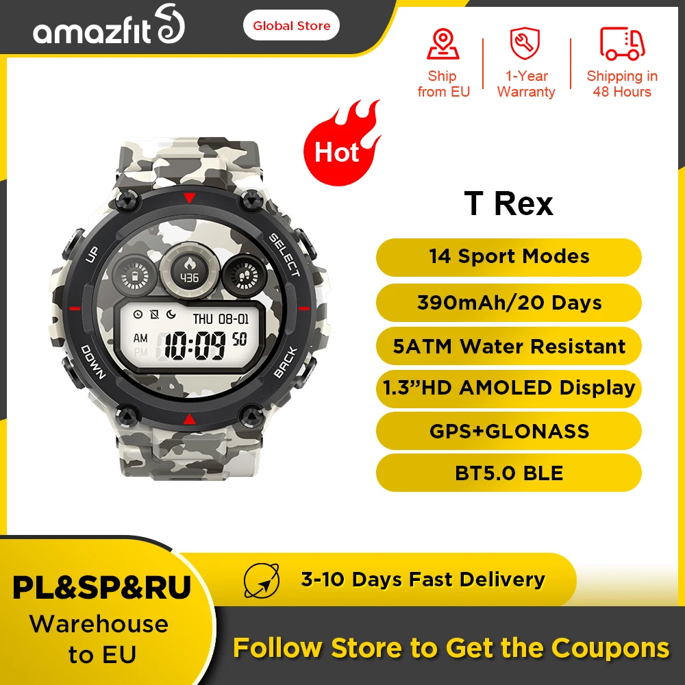 Original Amazfit T-rex Smart Watch GPS Outdoor Smartwatch for Men Waterproof 20 days Battery Life for iOS Android
Original Amazfit T-rex Smart Watch GPS Outdoor Smartwatch for Men Waterproof 20 days Battery Life for iOS Android