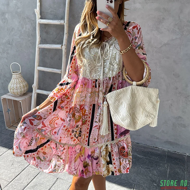 Women Elegant Lace Patchwork Summer Floral Dress Casual Three Quarter Sleeve Loose Party Dress Streetwear Female Dress Vestidos
Women Elegant Lace Patchwork Summer Floral Dress Casual Three Quarter Sleeve Loose Party Dress Streetwear Female Dress Vestidos