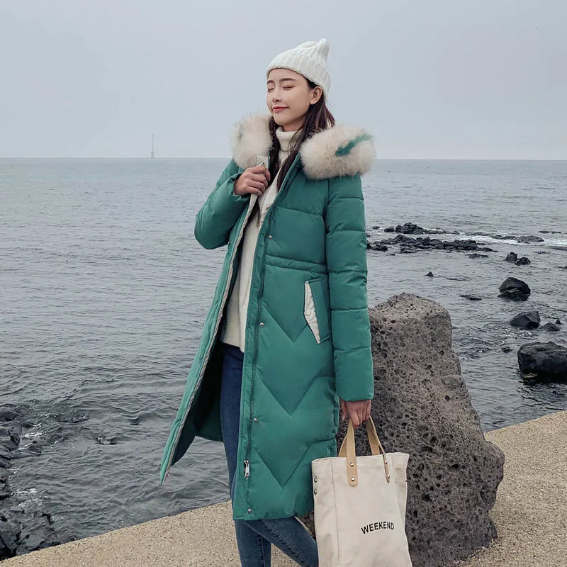 QIHUANG 2019 зимнее женское пуховое пальто с капюшоном и меховым воротником модное