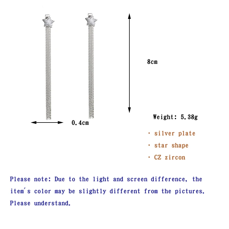 ONYSS Star Shape CZ Zircon Silver Plate Tassel Casual Earring Simple Design Stylish Earrings
ONYSS Star Shape CZ Zircon Silver Plate Tassel Casual Earring Simple Design Stylish Earrings