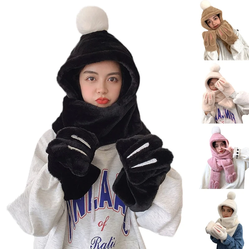Winter Gloves Hats Warming Thicken Snow Ball Hats with Cute Bunny Scarves Glove Hat One Piece Connection for Women Girl
Winter Gloves Hats Warming Thicken Snow Ball Hats with Cute Bunny Scarves Glove Hat One Piece Connection for Women Girl