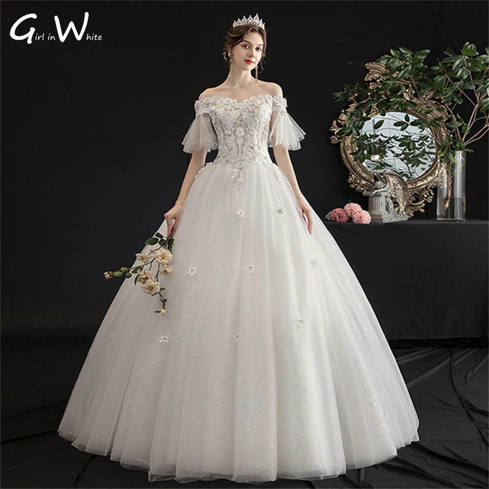In Stock Flare Sleeve Ball Gown Wedding Dresses Lace Appliques Off The Shoulder Bride Dress Bridal Robes Lace-up Robe De Mariée
In Stock Flare Sleeve Ball Gown Wedding Dresses Lace Appliques Off The Shoulder Bride Dress Bridal Robes Lace-up Robe De Mariée