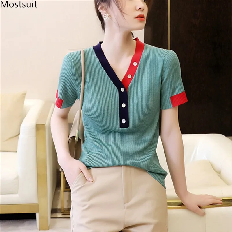 Пуловер женский трикотажный, летний, с V-образным вырезом и коротким рукавом 
Пуловер женский трикотажный, летний, с V-образным вырезом и коротким рукавом