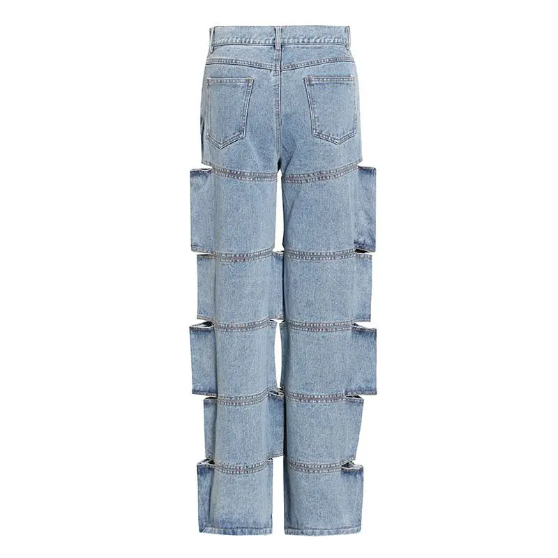 Women Sexy Hollow Out Patchwork Jeans Fashion High waist women's wide leg pants