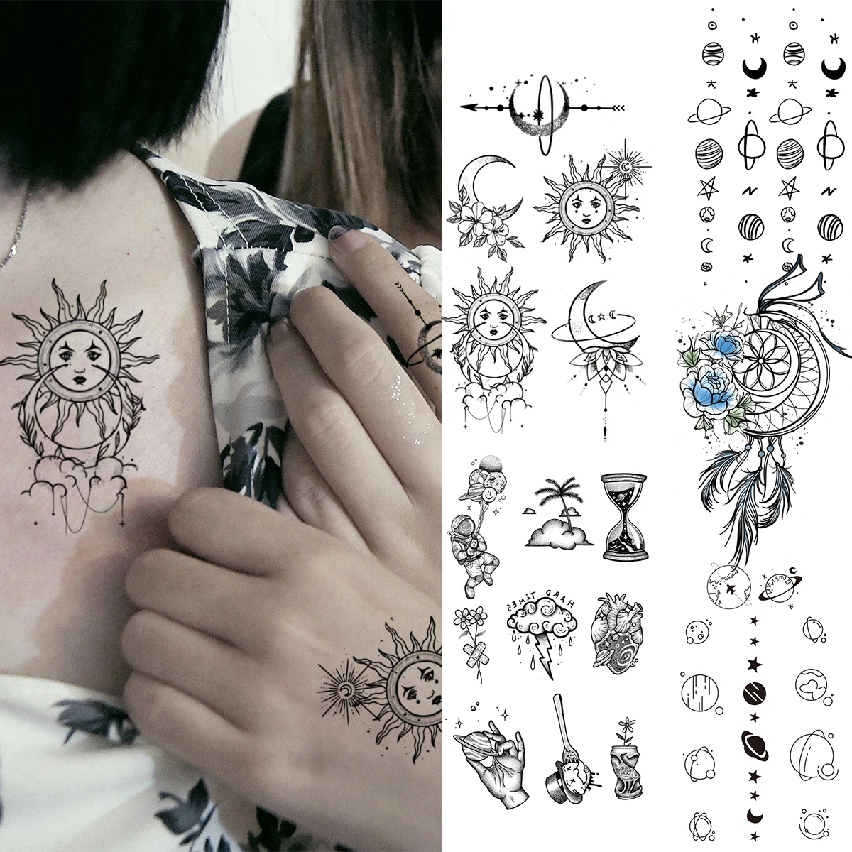 

Black Sun Moon Totem Temporary Tattoos For Women Adult Universe Planet Dream Catcher Fake Tattoo Body Art Waterproof Tatoo Decal